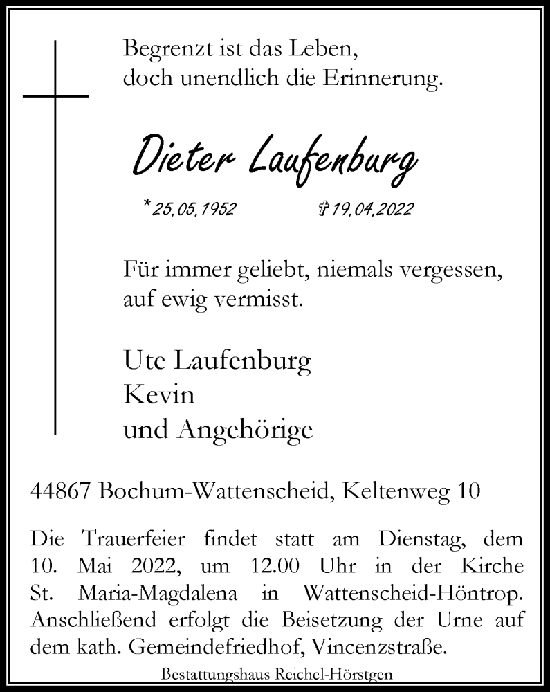  Traueranzeige für Dieter Laufenburg vom 07.05.2022 aus WVW Anzeigenblätter