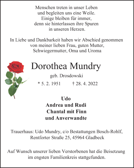 Traueranzeige von Dorothea Mundry von WVW Anzeigenblätter