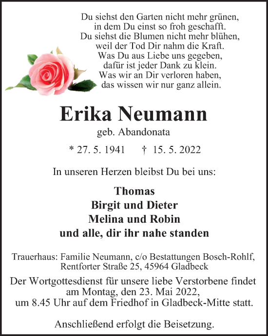 Traueranzeige von Erika Neumann von WVW Anzeigenblätter