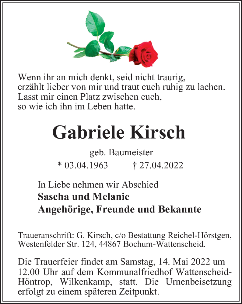  Traueranzeige für Gabriele Kirsch vom 07.05.2022 aus WVW Anzeigenblätter