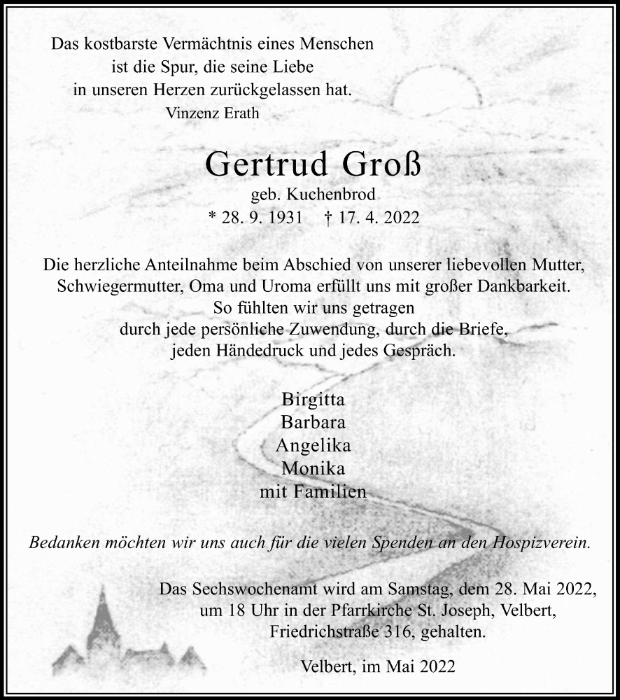 Traueranzeige für Gertrud Groß vom 21.05.2022 aus WVW Anzeigenblätter