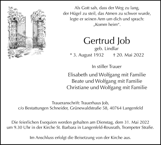 Traueranzeige von Gertrud Job von WVW Anzeigenblätter