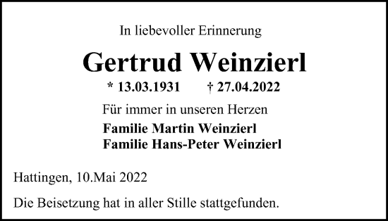 Traueranzeige von Gertrud Weinzierl von WVW Anzeigenblätter