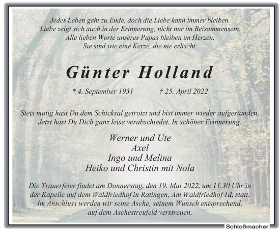 Traueranzeige von Günter Holland von WVW Anzeigenblätter