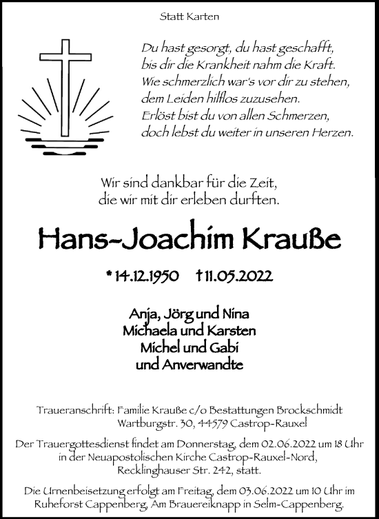 Traueranzeige von Hans-Joachim Krauße von WVW Anzeigenblätter