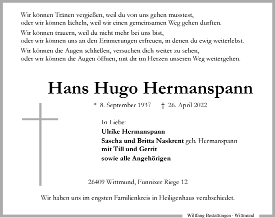 Traueranzeige von Hans Hugo Hermanspann von WVW Anzeigenblätter