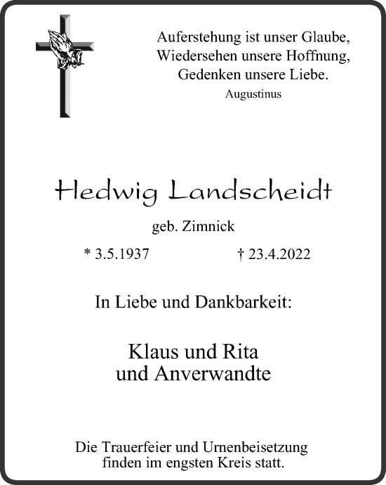 Traueranzeige von Hedwig Landscheid von WVW Anzeigenblätter