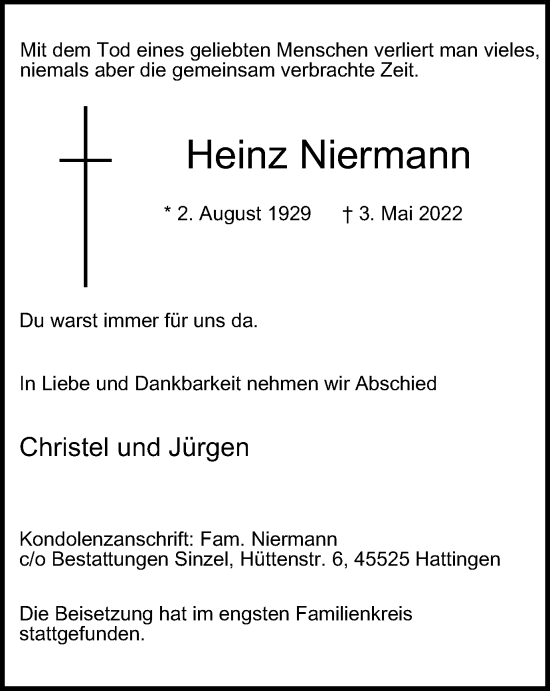 Traueranzeige von Heinz Niermann von WVW Anzeigenblätter