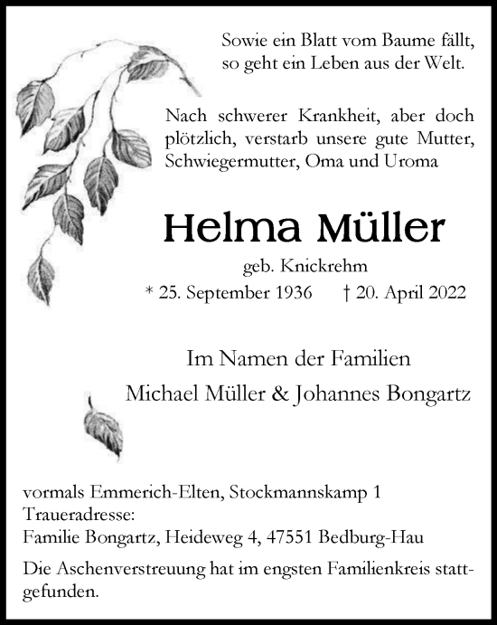 Traueranzeige von Helma Müller von WVW Anzeigenblätter