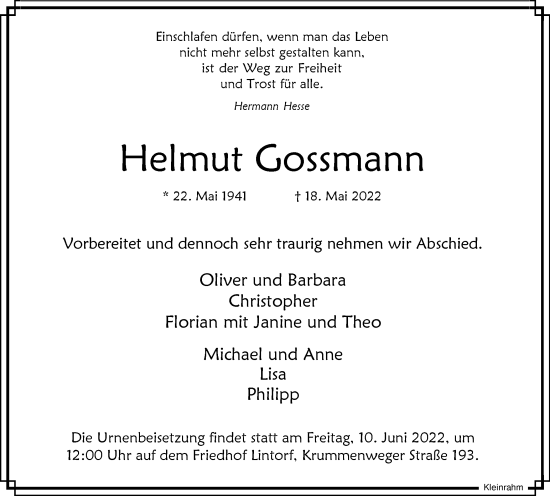 Traueranzeige von Helmut Gossmann von WVW Anzeigenblätter