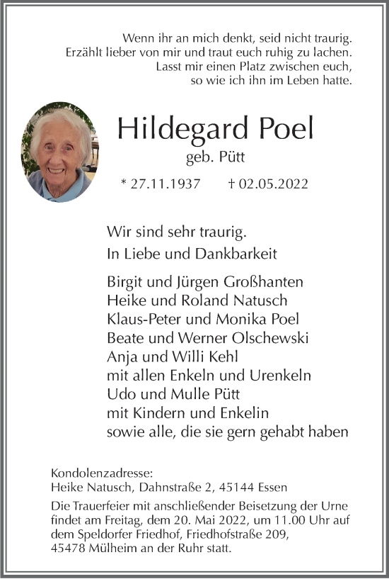 Traueranzeige von Hildegard Poel von WVW Anzeigenblätter