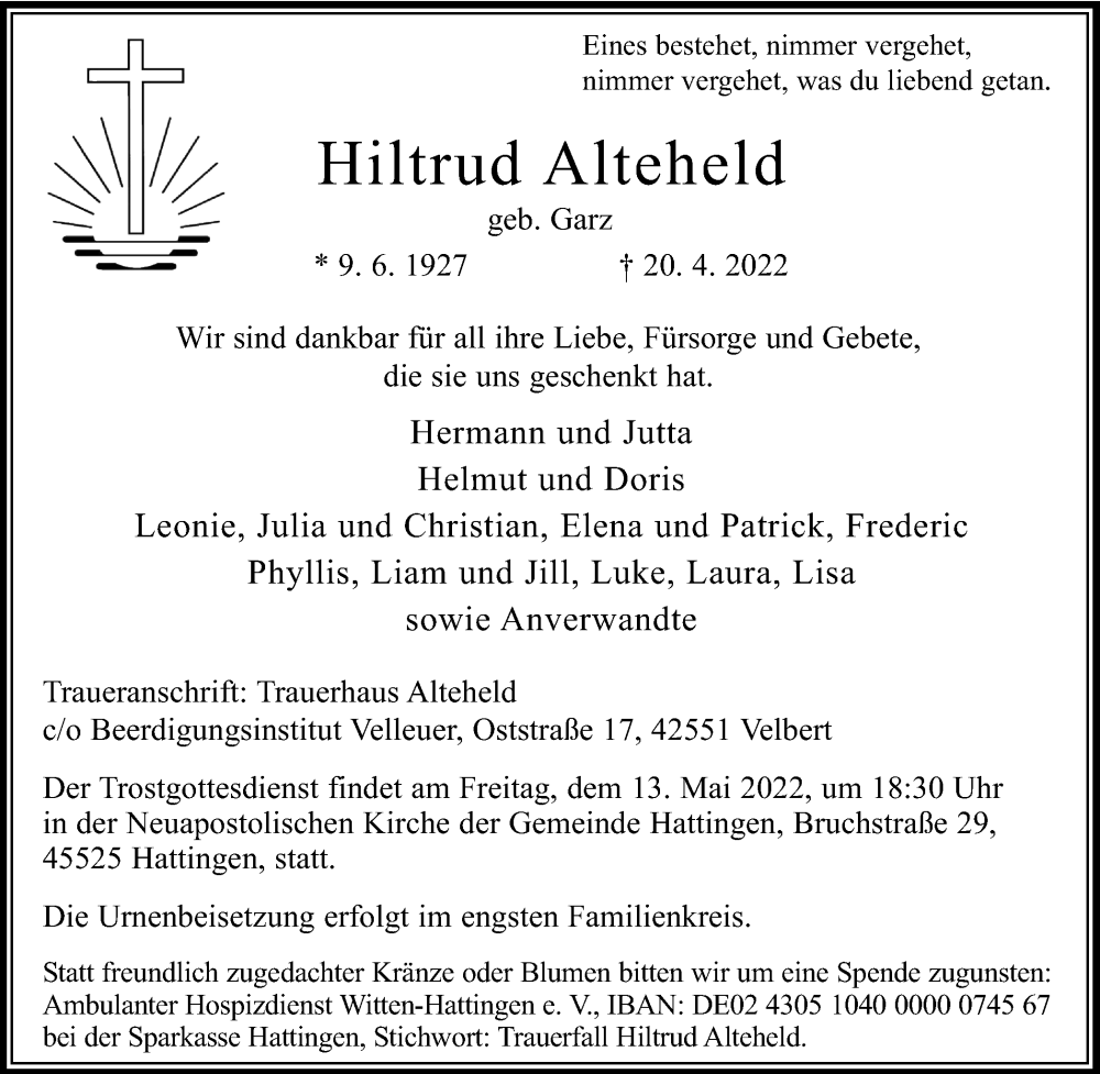  Traueranzeige für Hiltrud Alteheld vom 07.05.2022 aus WVW Anzeigenblätter