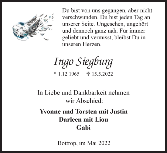 Traueranzeige von Ingo Siegburg von WVW Anzeigenblätter
