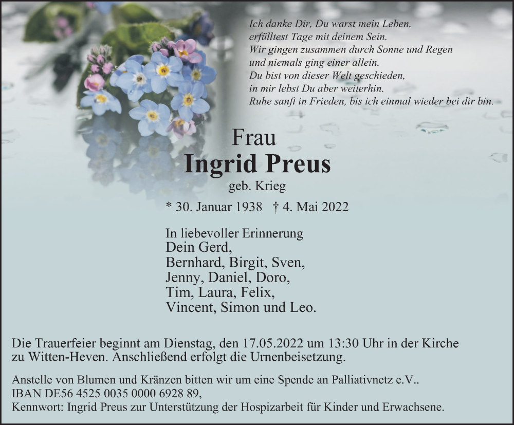  Traueranzeige für Ingrid Preus vom 14.05.2022 aus WVW Anzeigenblätter
