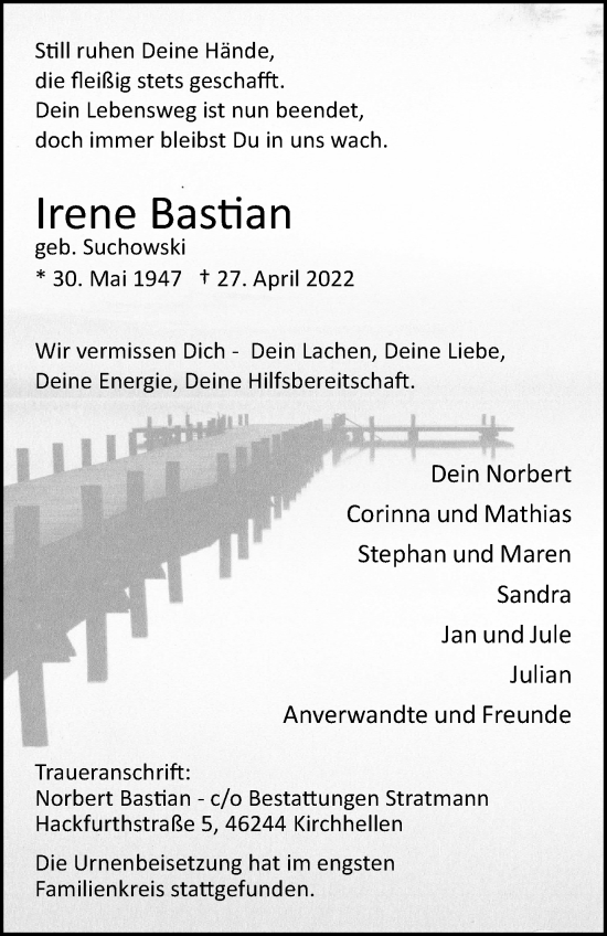 Traueranzeige von Irene Bastian von WVW Anzeigenblätter