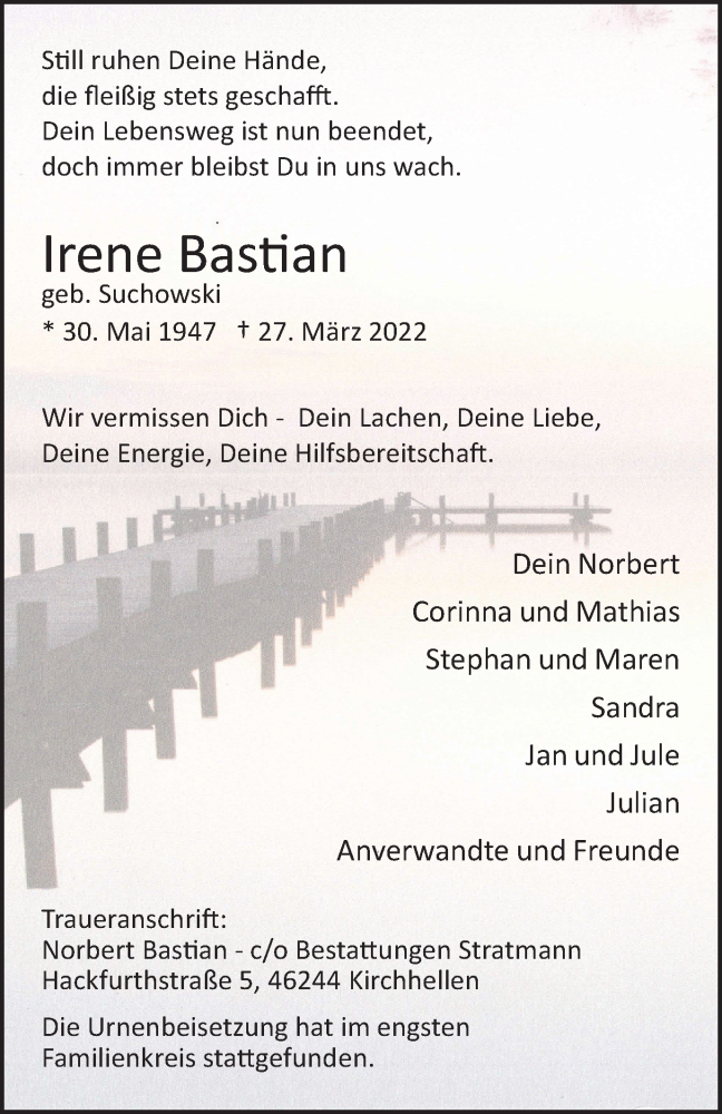  Traueranzeige für Irene Bastian vom 14.05.2022 aus WVW Anzeigenblätter