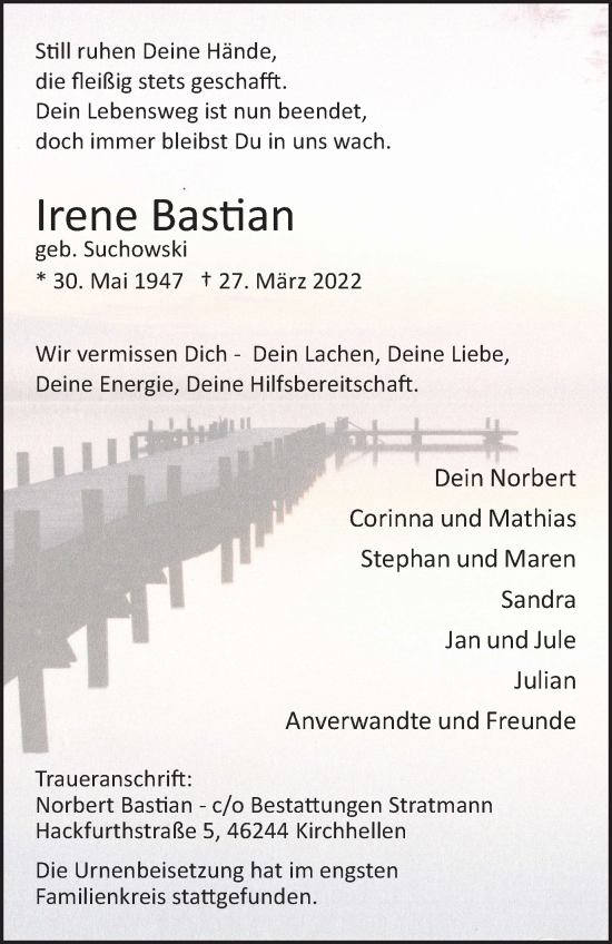 Traueranzeige von Irene Bastian von WVW Anzeigenblätter