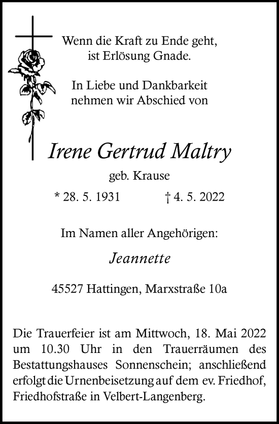 Traueranzeige von Irene Gertrud Maltry von WVW Anzeigenblätter