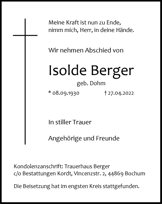Traueranzeige von Isolde Berger von WVW Anzeigenblätter