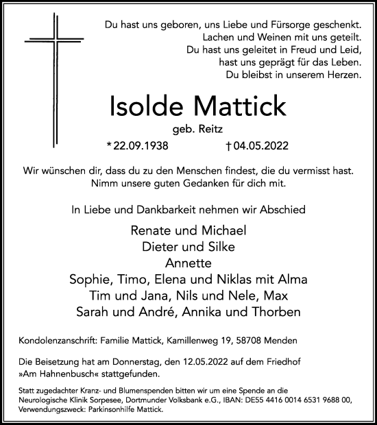Traueranzeige von Isolde Mattick von WVW Anzeigenblätter