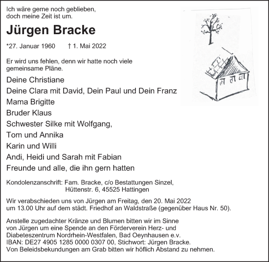 Traueranzeige von Jürgen Bracke von WVW Anzeigenblätter