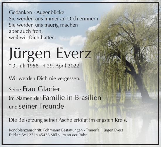 Traueranzeige von Jürgen Everz von WVW Anzeigenblätter