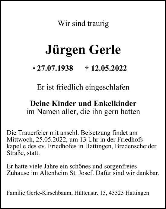 Traueranzeige von Jürgen Gerle von WVW Anzeigenblätter