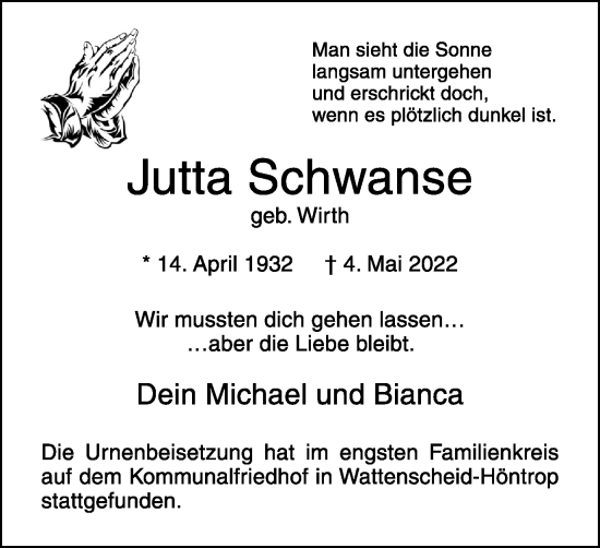 Traueranzeige von Jutta Schwanse von WVW Anzeigenblätter