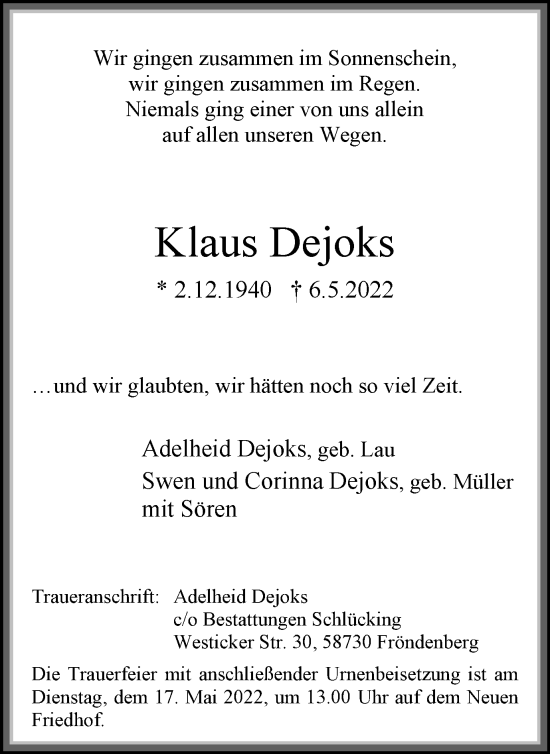 Traueranzeige von Klaus Dejoks von WVW Anzeigenblätter