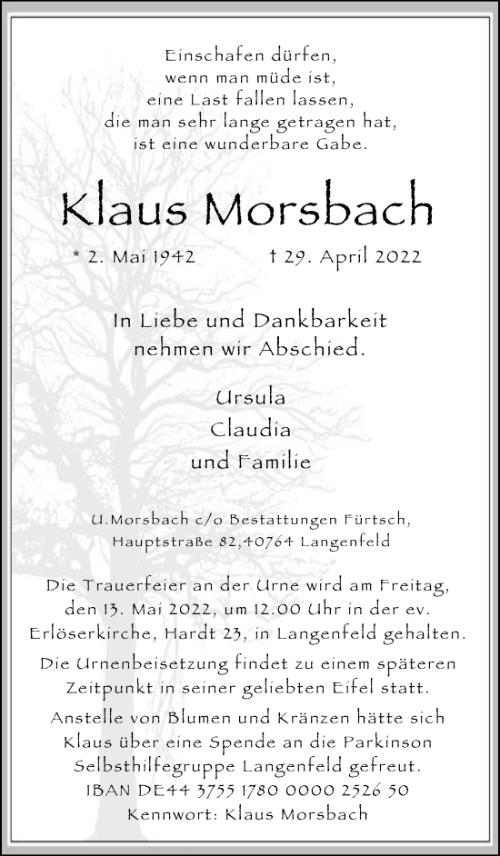 Traueranzeige von Klaus Morsbach von WVW Anzeigenblätter
