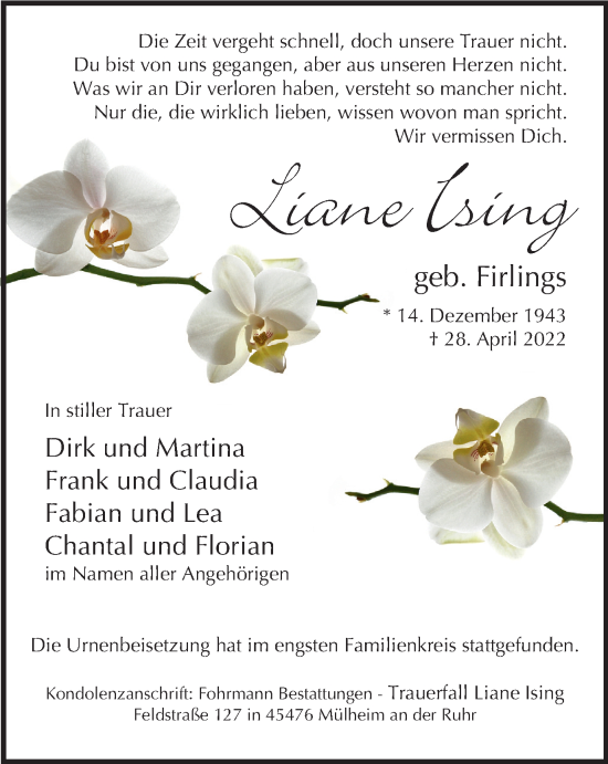 Traueranzeige von Liane Ising von WVW Anzeigenblätter