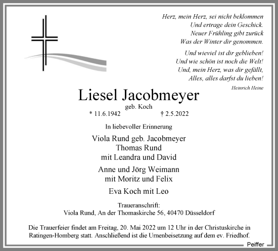 Traueranzeige von Liesel Jacobmeyer von WVW Anzeigenblätter