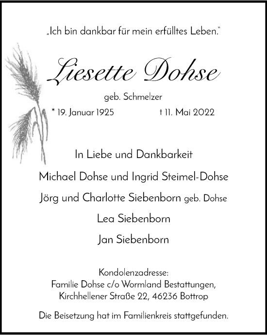 Traueranzeige von Liesette Dohse von WVW Anzeigenblätter