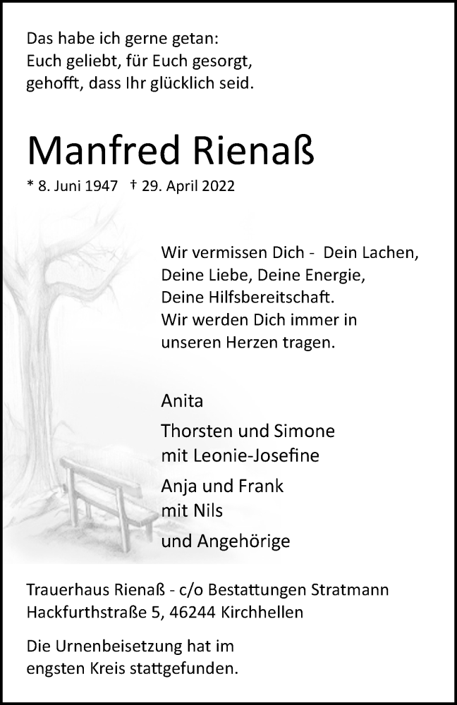  Traueranzeige für Manfred Rienaß vom 14.05.2022 aus WVW Anzeigenblätter