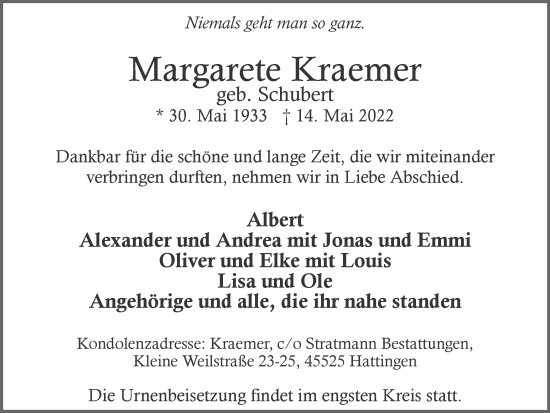 Traueranzeige von Margarete Kraemer von WVW Anzeigenblätter