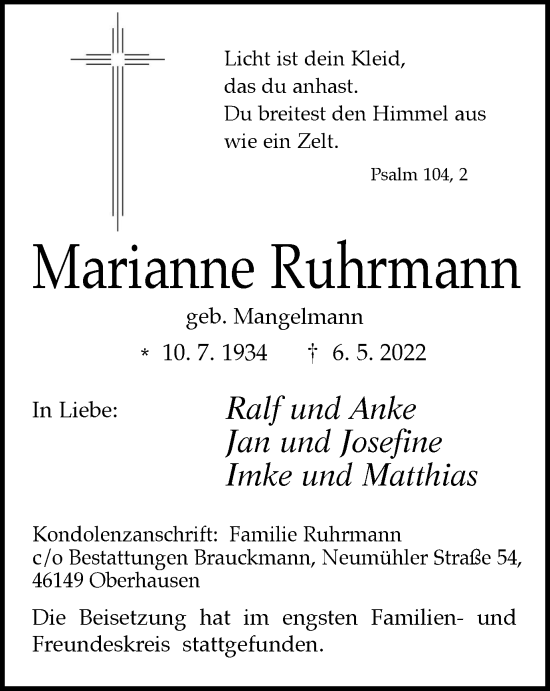 Traueranzeige von Marianne Ruhrmann von WVW Anzeigenblätter