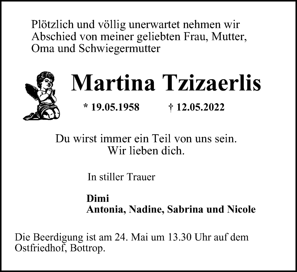  Traueranzeige für Martina Tzizaerlis vom 21.05.2022 aus WVW Anzeigenblätter