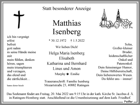 Traueranzeige von Matthias Isenberg von WVW Anzeigenblätter