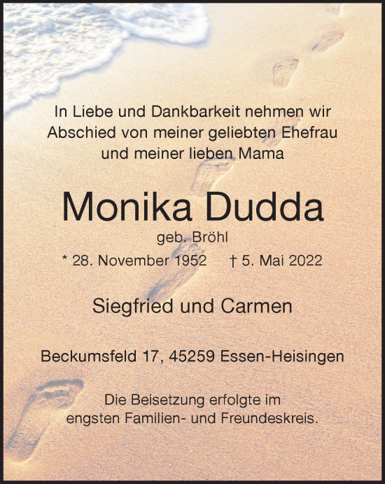 Traueranzeige von Monika Dudda von WVW Anzeigenblätter