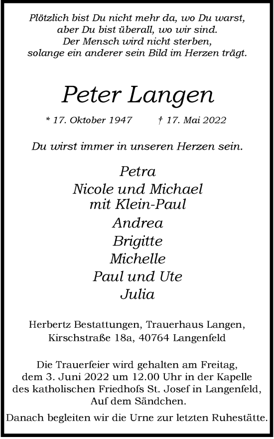 Traueranzeige von Peter Langen von WVW Anzeigenblätter