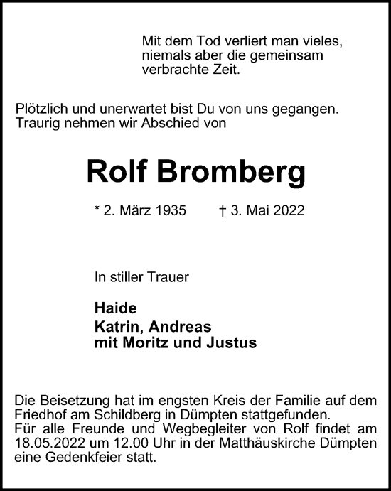 Traueranzeige von Rolf Bromberg von WVW Anzeigenblätter