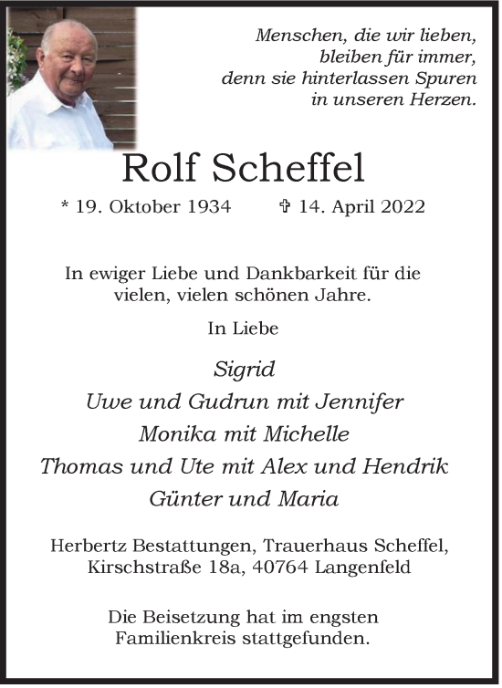 Traueranzeige von Rolf Scheffel von WVW Anzeigenblätter