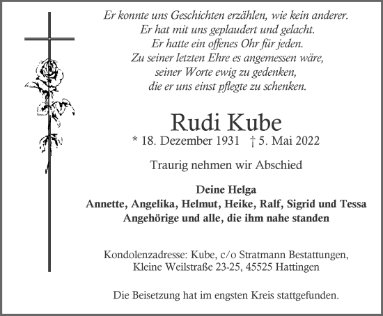 Traueranzeige von Rudi Kube von WVW Anzeigenblätter