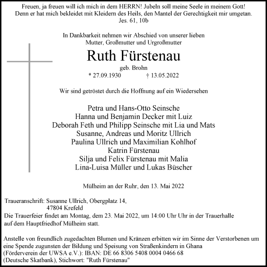 Traueranzeige von Ruth Fürstenau von WVW Anzeigenblätter