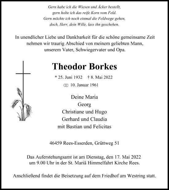 Traueranzeige von Theodor Borkes von WVW Anzeigenblätter