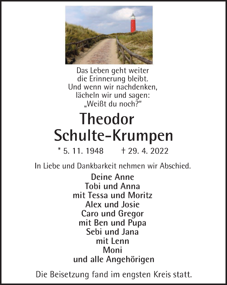  Traueranzeige für Theodor Schulte-Krumpen vom 21.05.2022 aus WVW Anzeigenblätter