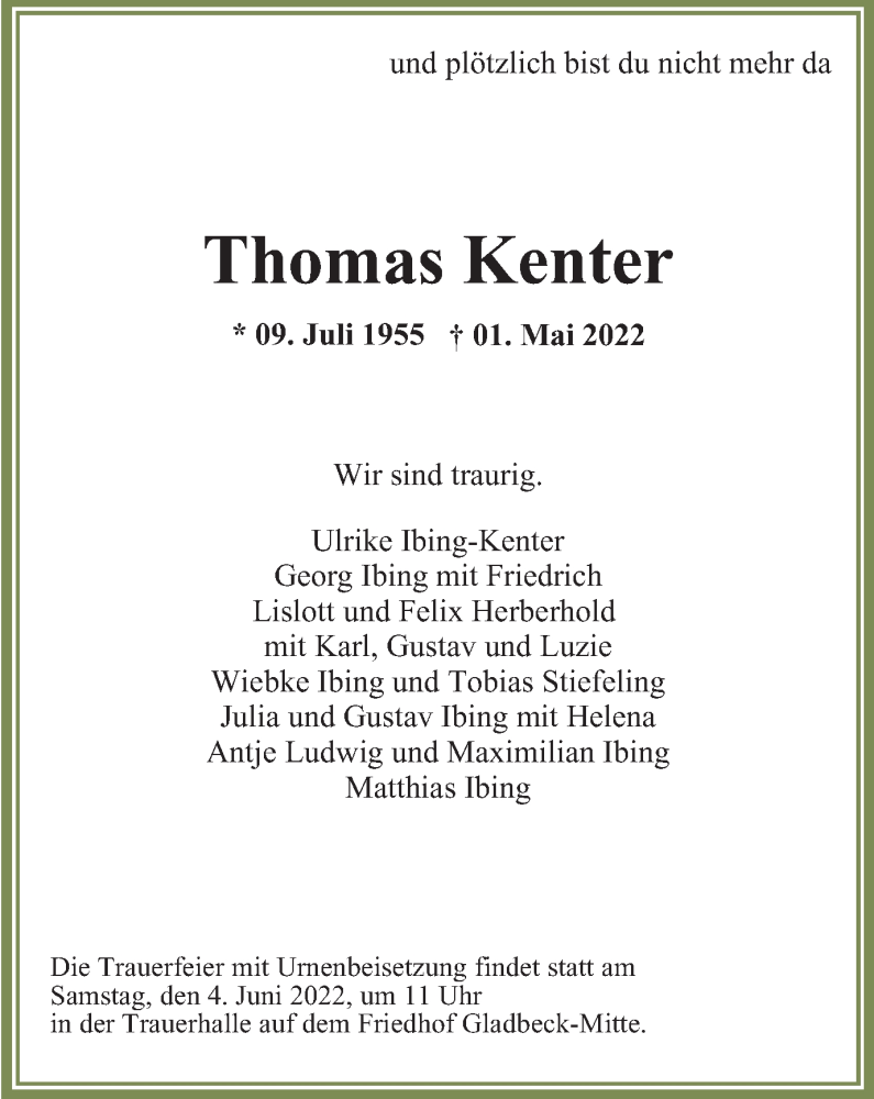 Traueranzeige für Thomas Kenter vom 14.05.2022 aus WVW Anzeigenblätter