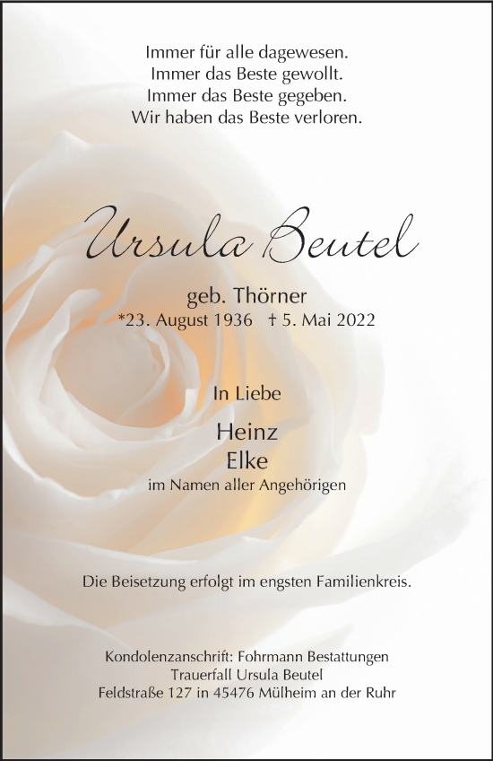 Traueranzeige von Ursula Beutel von WVW Anzeigenblätter