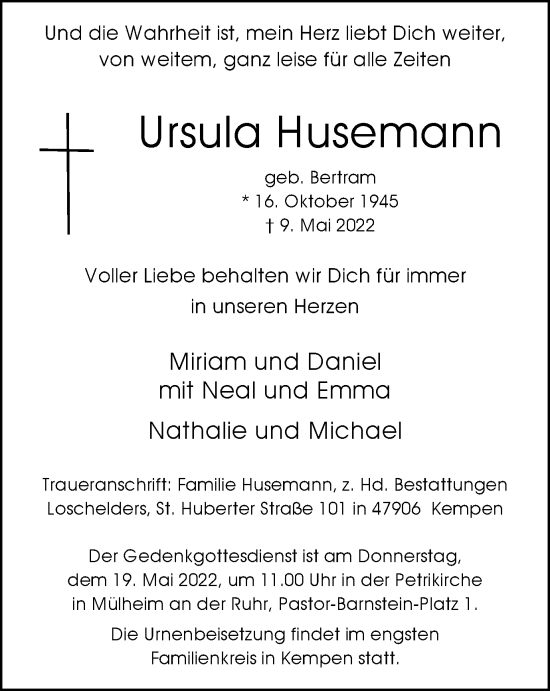 Traueranzeige von Ursula Husemann von WVW Anzeigenblätter