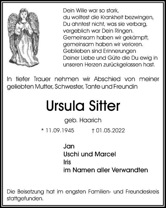 Traueranzeige von Ursula Sitter von WVW Anzeigenblätter